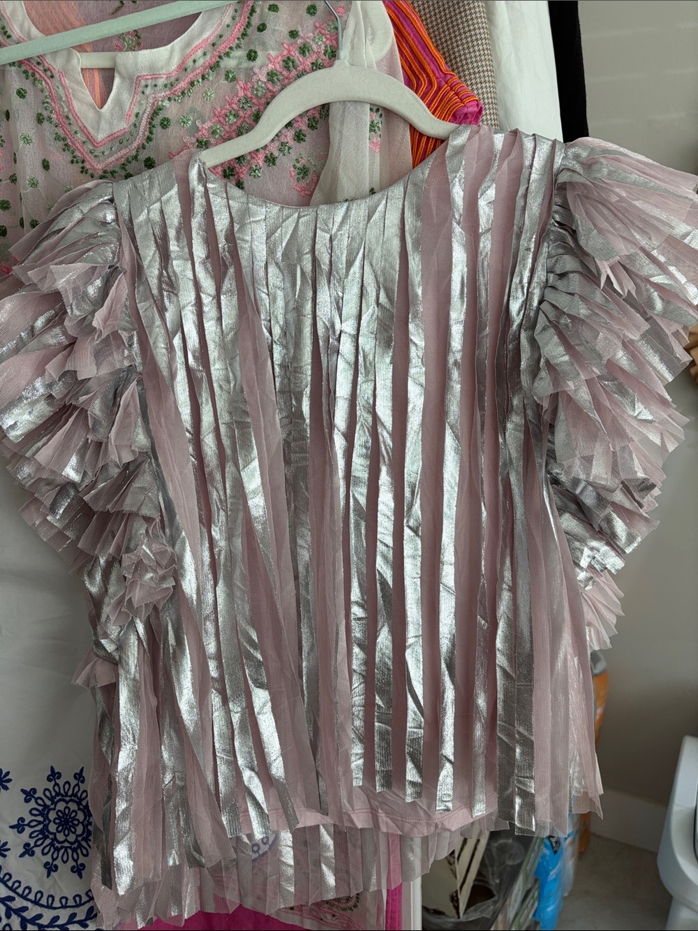 Anthropologie Silver and Pink Pleated Metallic Ruffle Top -NEVER WORN